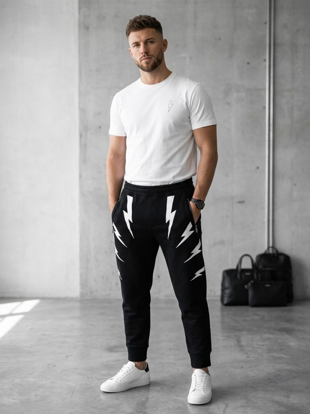 Neil Barrett Tiger Bolt Joggers Sweatpants Black White Mens Size L Skinny Fit
